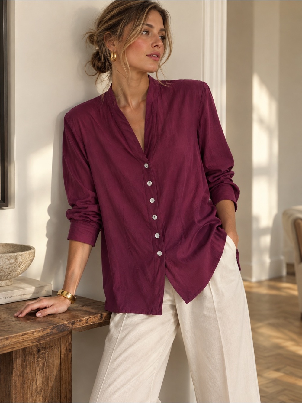 Vintage Silk Button Front Blouse Burgundy